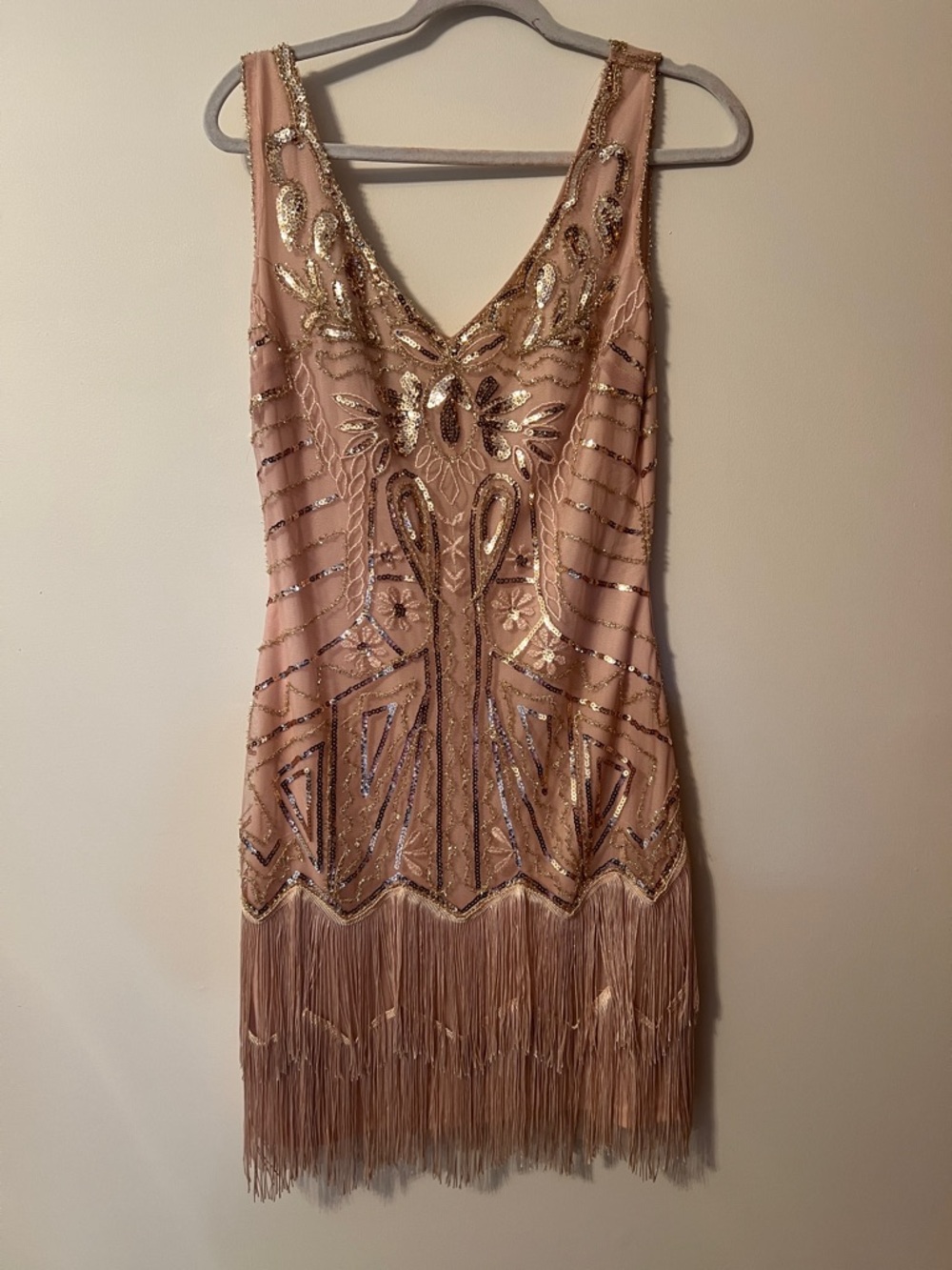 Flapper Dress Fringe V-Neck Cocktail in Blush Pink